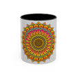 Handcrafted ceramic mug featuring a vibrant and intricate mandala art design with colorful floral motifs, perfect for enjoying your favorite hot beverages in style