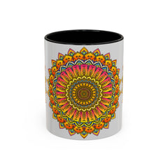 Handcrafted ceramic mug featuring a vibrant and intricate mandala art design with colorful floral motifs, perfect for enjoying your favorite hot beverages in style