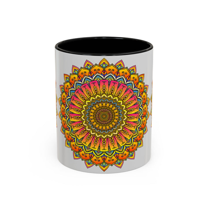 Handcrafted ceramic mug featuring a vibrant and intricate mandala art design with colorful floral motifs, perfect for enjoying your favorite hot beverages in style