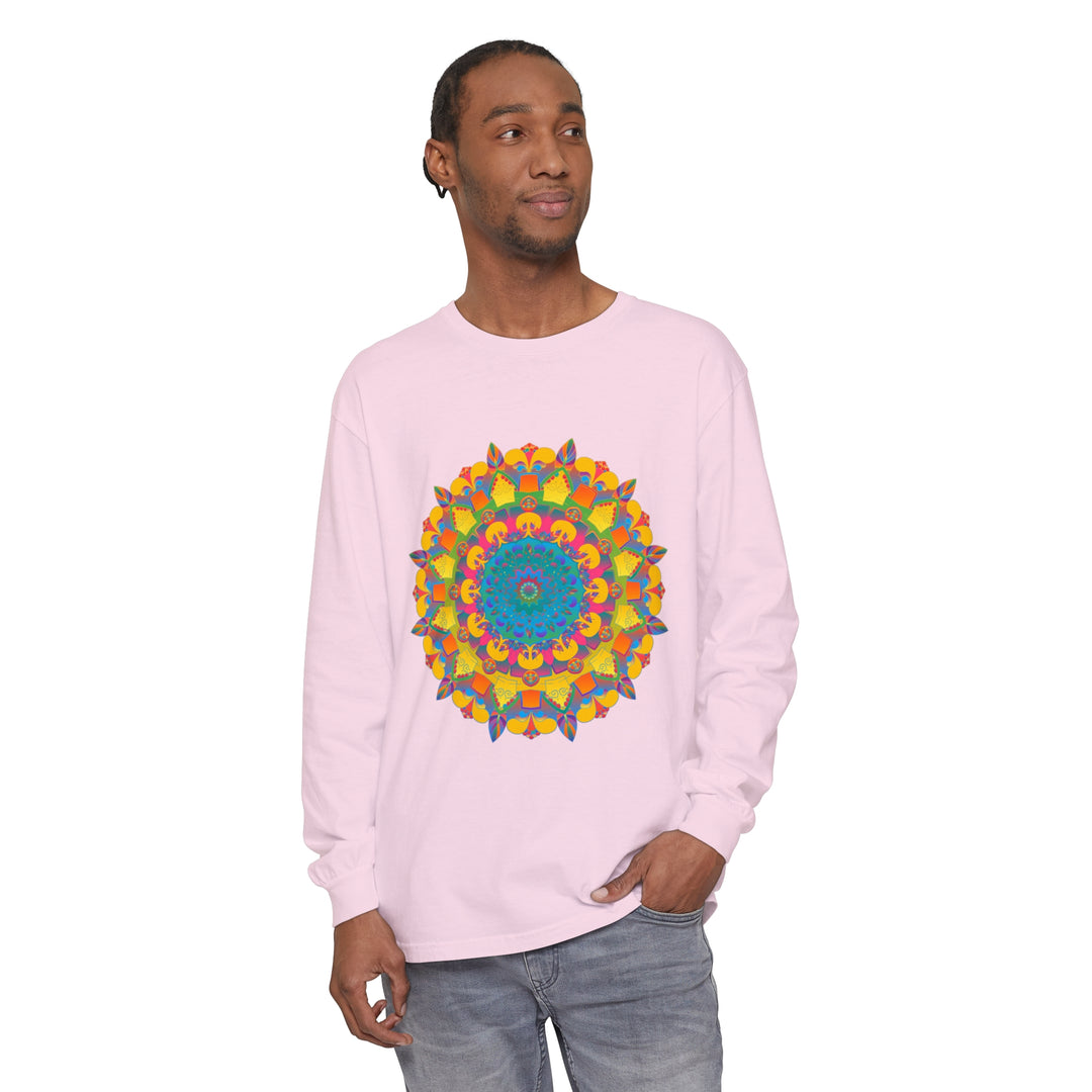 Colorful and intricate mandala design on a unisex long sleeve t-shirt