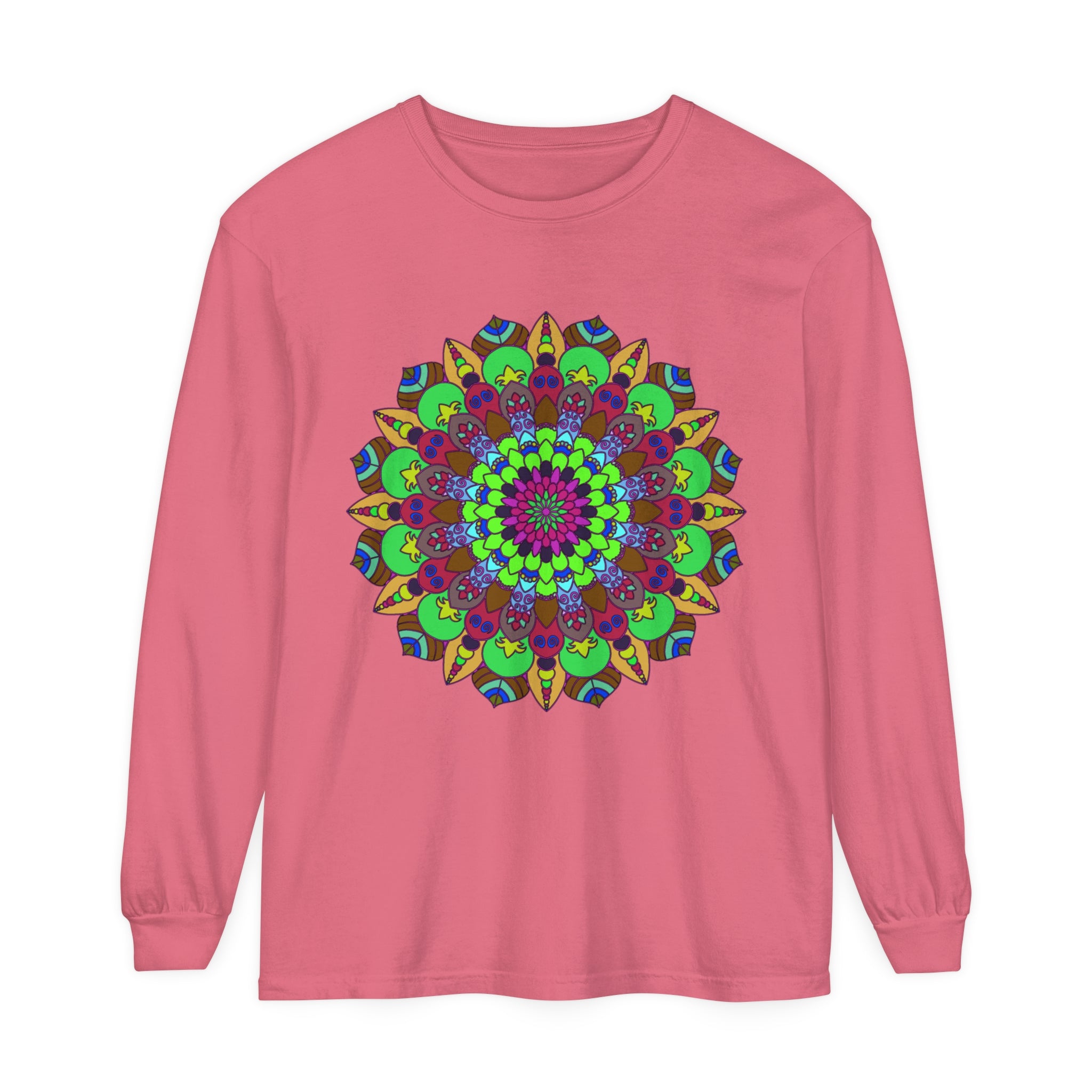 Colorful Mandala Unisex Long Sleeve T-Shirt featuring vibrant, intricate design and comfortable fit for both men and women