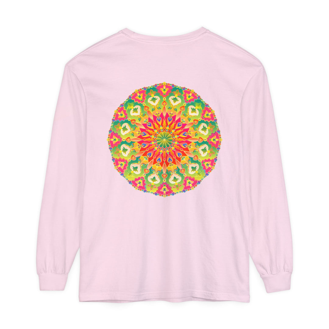 An intricate and vibrant mandala design adorns this long sleeve t-shirt