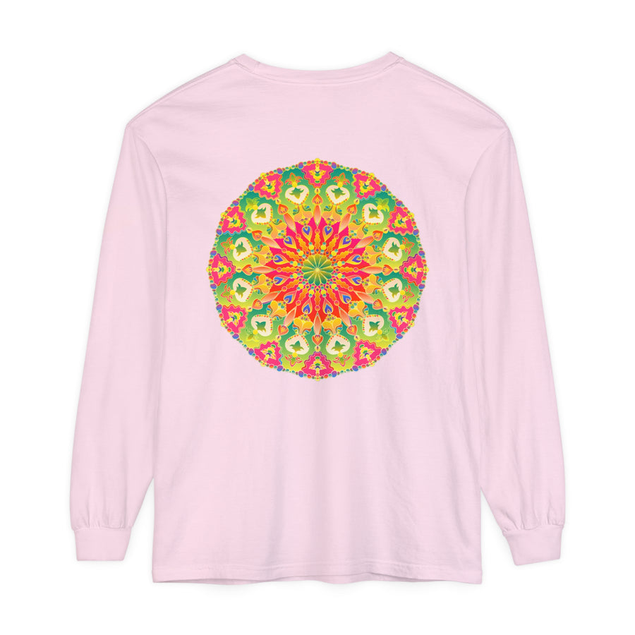 An intricate and vibrant mandala design adorns this long sleeve t-shirt