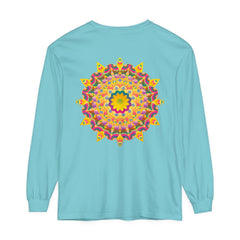 Colorful and intricate psychedelic mandala design on a long sleeve t-shirt