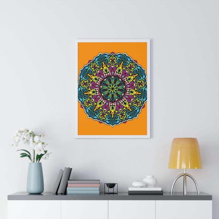 Vertical framed poster featuring a hand-drawn orange mandala art, perfect for mindfulness and yoga practices