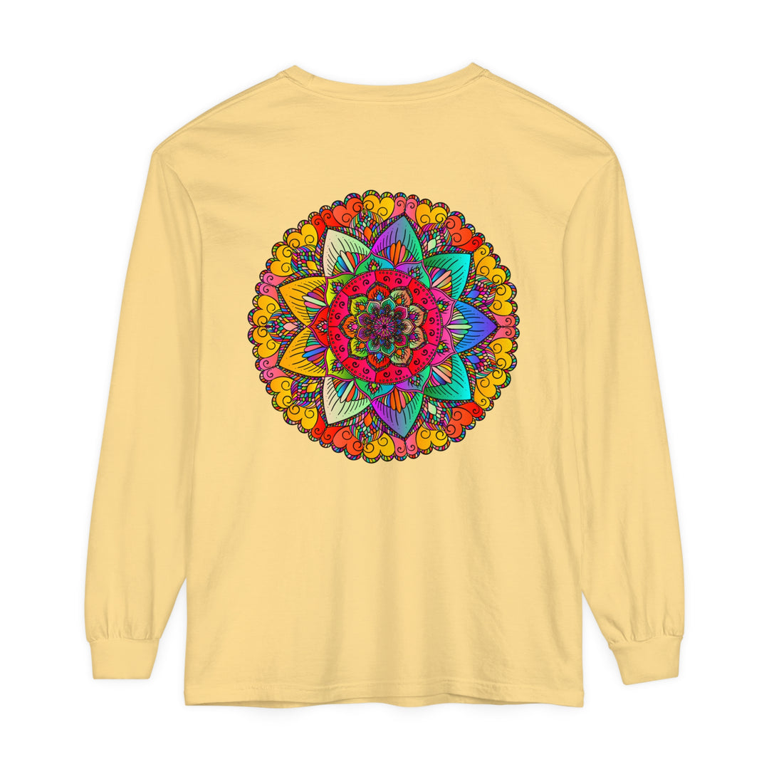 Colorful and intricate mandala design on a unisex long sleeve t-shirt