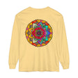 Colorful and intricate mandala design on a unisex long sleeve t-shirt