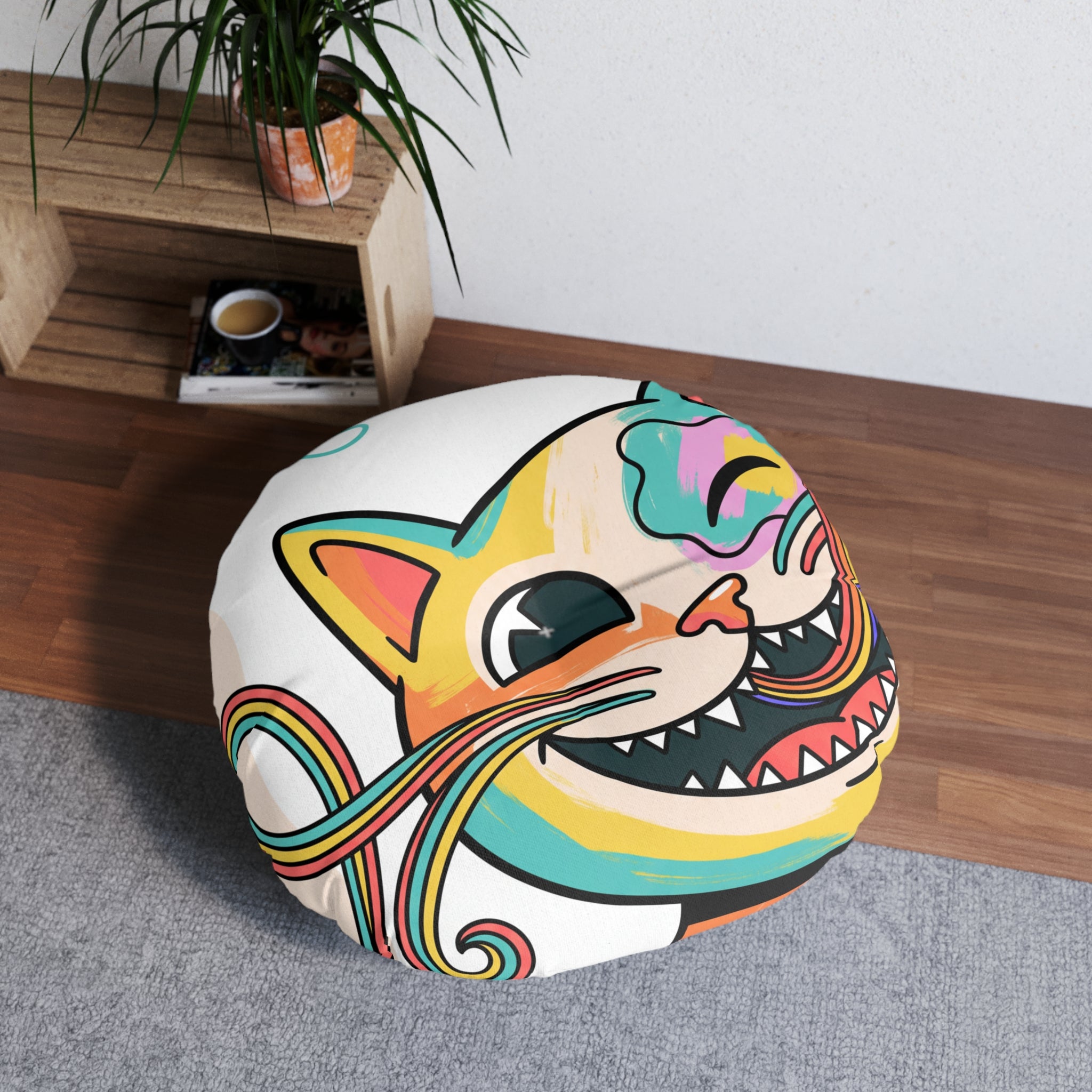 Round Tufted Floor Pillow — Grinning Rainbow Cat Cartoon with Paw Icons