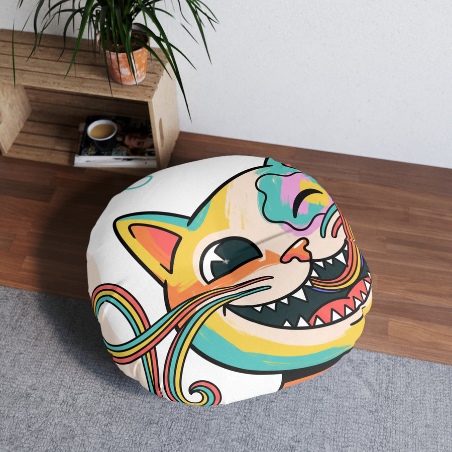 Cuscino da pavimento rotondo trapuntato — Fumetto di gatto arcobaleno sorridente con icone di zampe