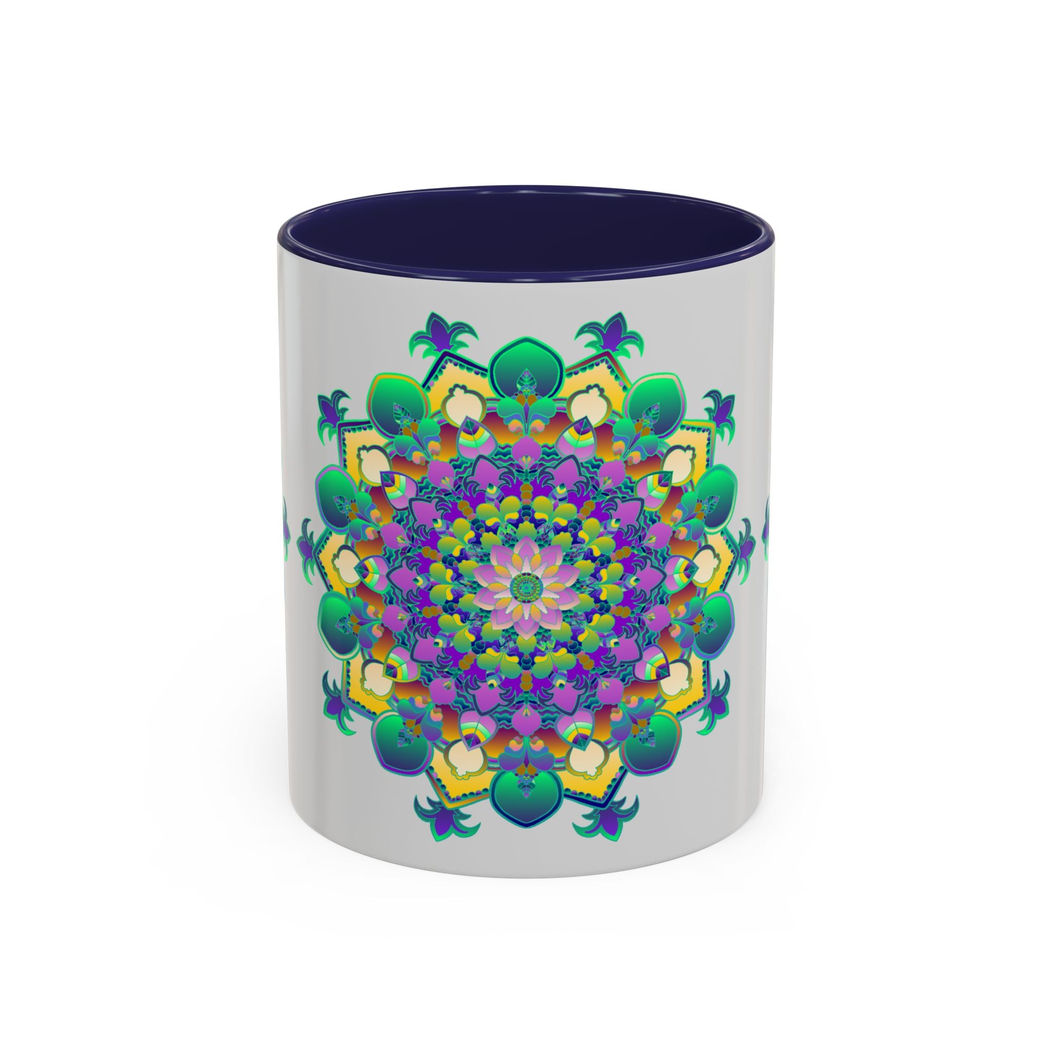 Beautiful light grey mug with colorful mandala design