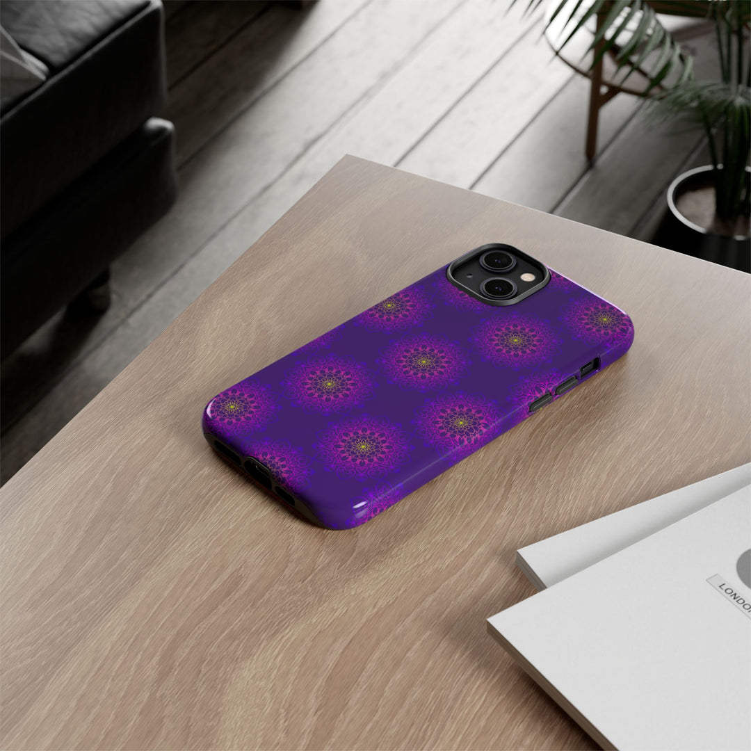 Intricate Purple Floral iPhone Case with Bold Mandala Design
