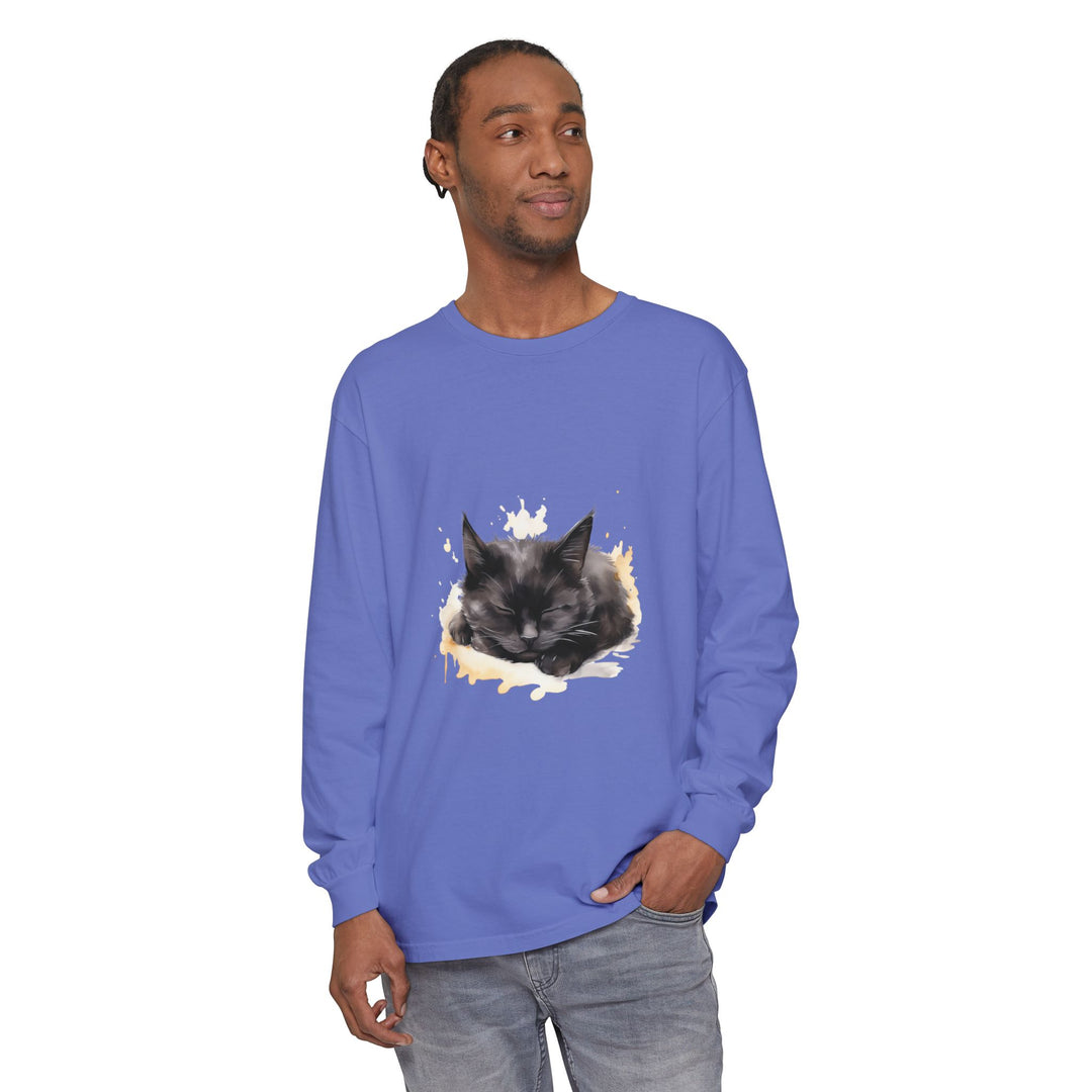 Langarm-T-Shirt mit Aquarellmotiv „Schlafende Katze“