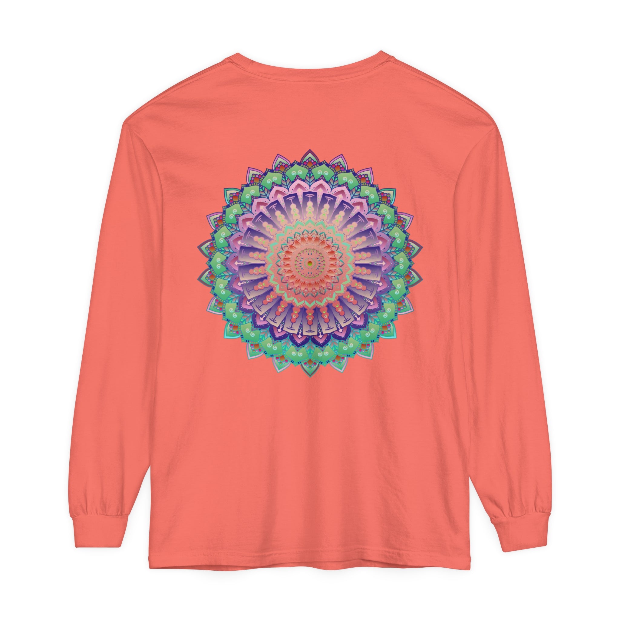 Colorful and detailed mandala design on a unisex long sleeve t-shirt