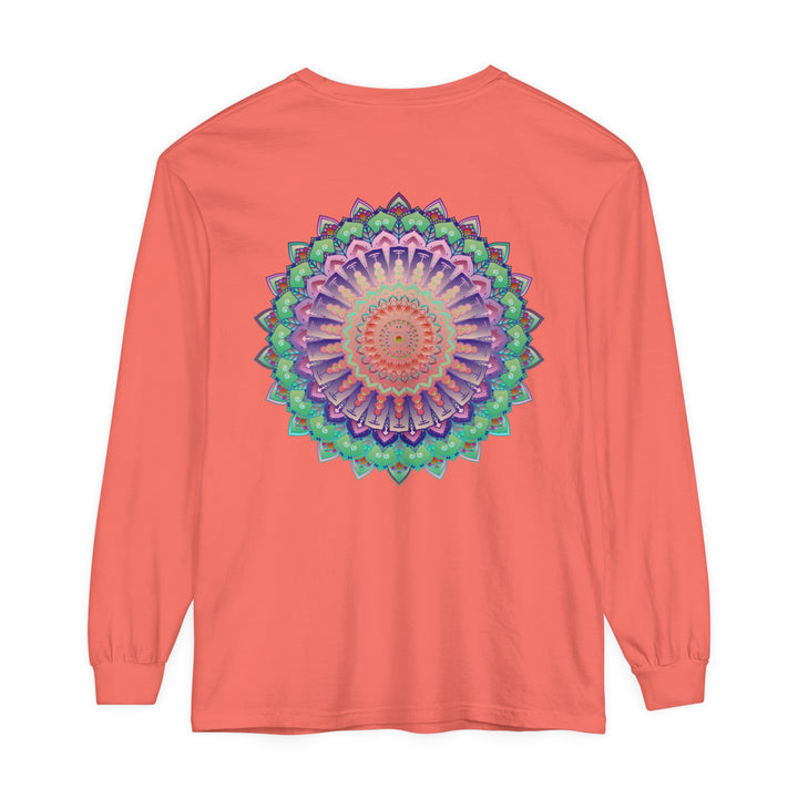 Colorful and detailed mandala design on a unisex long sleeve t-shirt