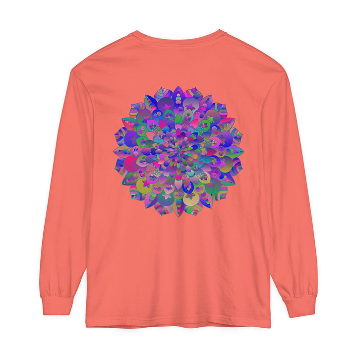 Colorful and intricately designed long sleeve t-shirt featuring a vibrant mandala pattern