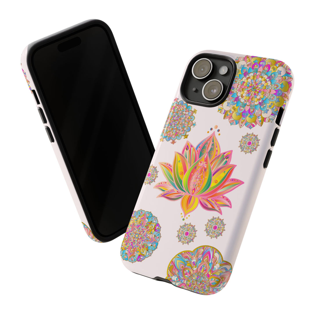 A light pink mandala design phone case featuring a beautiful lotus flower