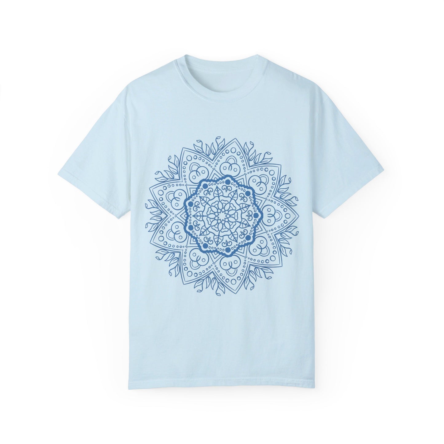 Unisex Mandala Tshirt featuring a hand-drawn mandala design on a garment-dyed t-shirt