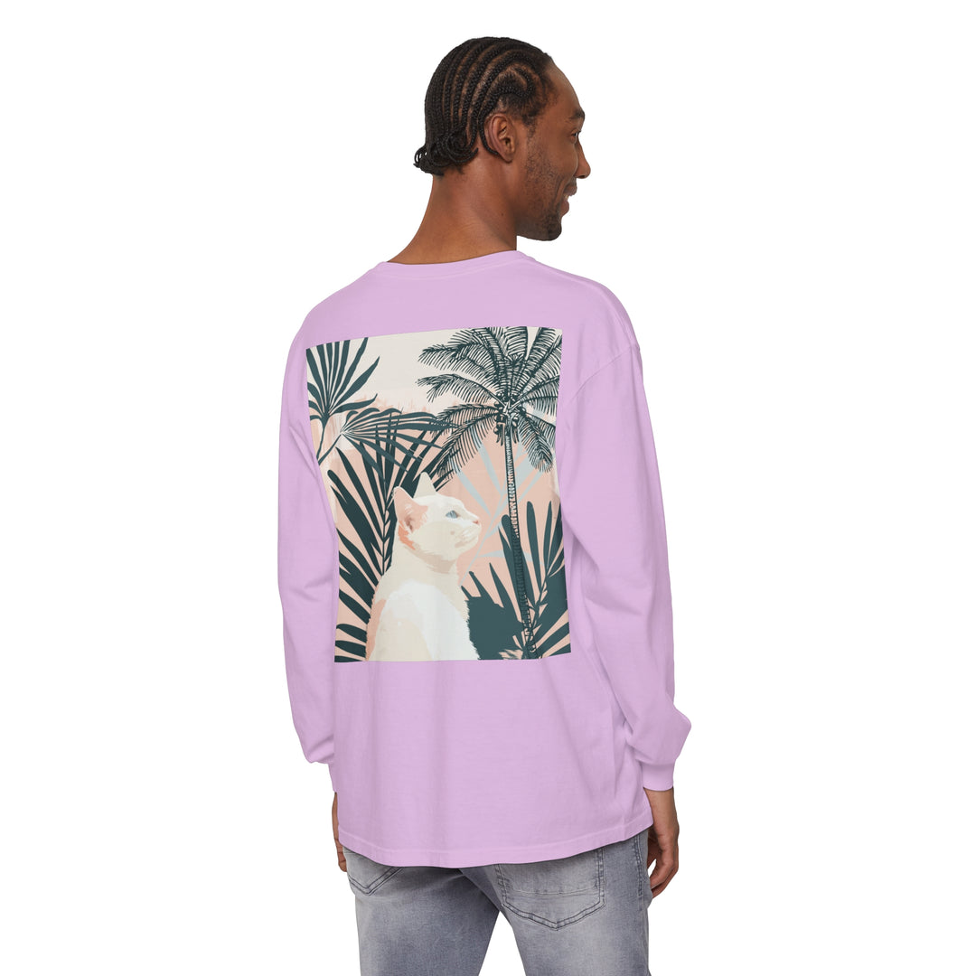 White cat relaxing in a tropical mandala design on long sleeve t-shirt