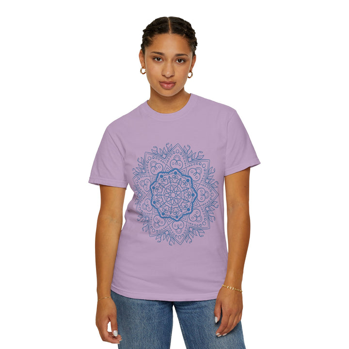 Colorful and intricate handmade mandala art design on a unisex garment-dyed tee