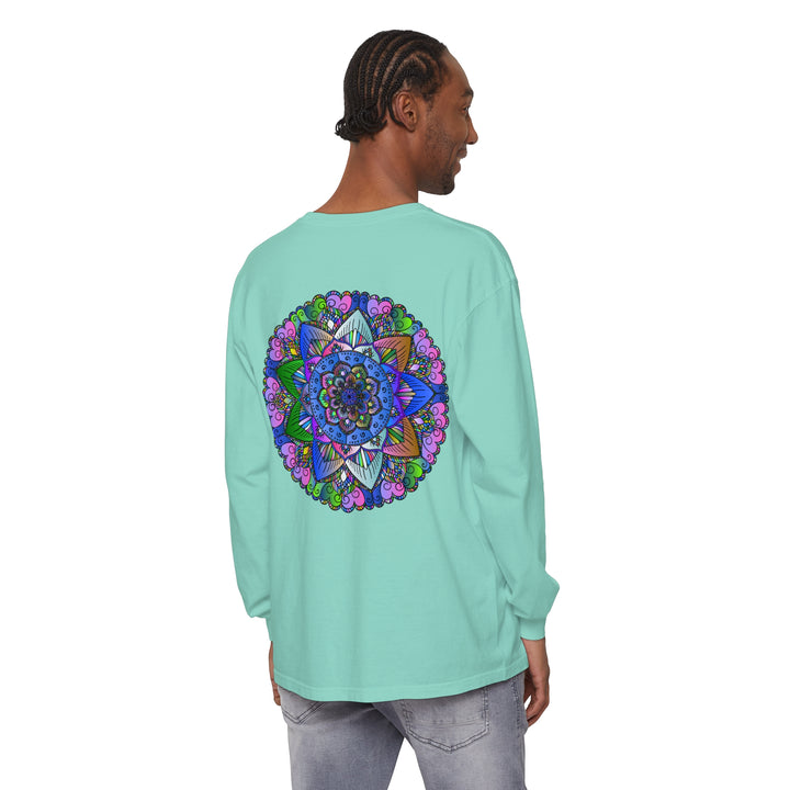 Vibrant Mandala Unisex Long Sleeve T-Shirt featuring colorful and intricate mandala design on soft cotton fabric