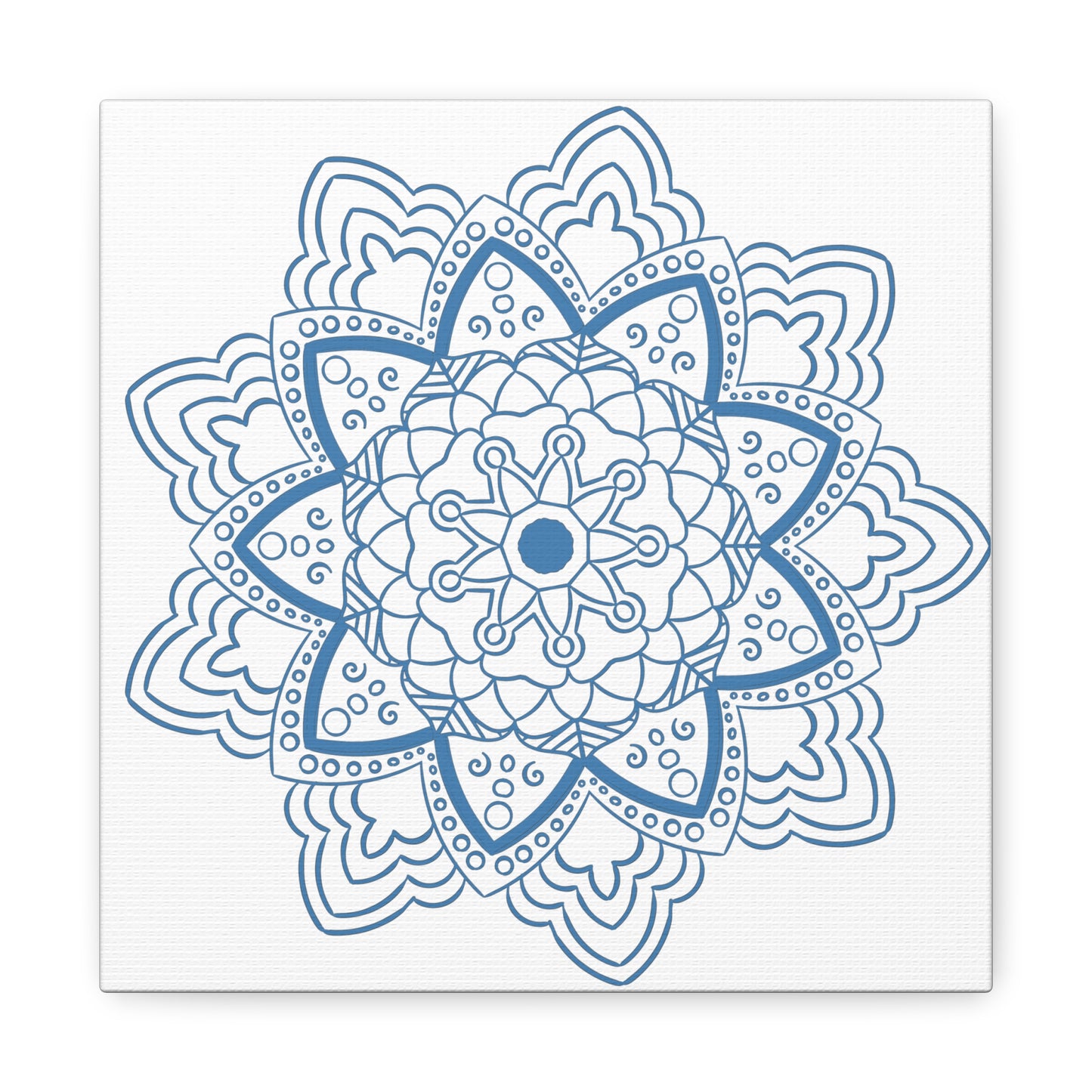 Handmade Mandala Art in Steel Blue on Matte Canvas, Stretched and 125 Wide