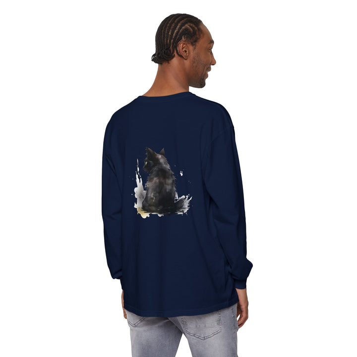 Black Cat Watercolor Dream Long Sleeve T-Shirt with vibrant watercolor cat design