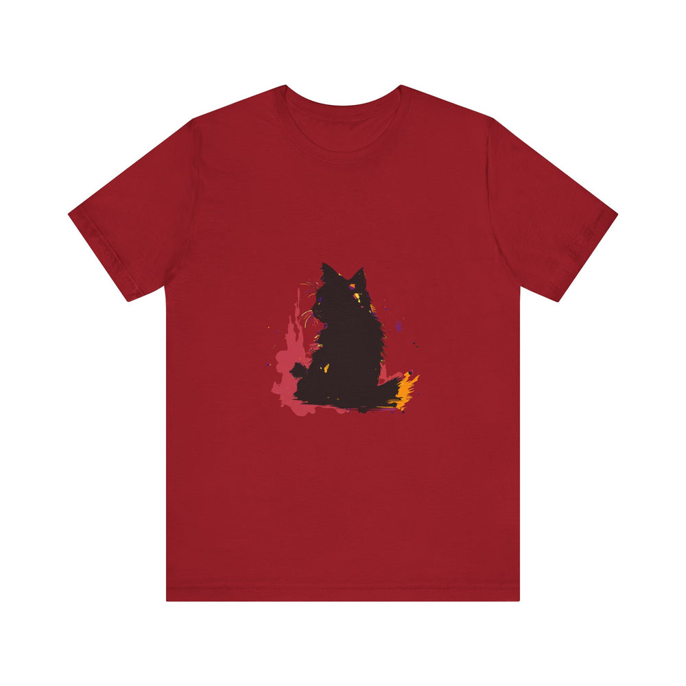 Black Cat Mystery T-Shirt featuring colorful splatter art design on black fabric