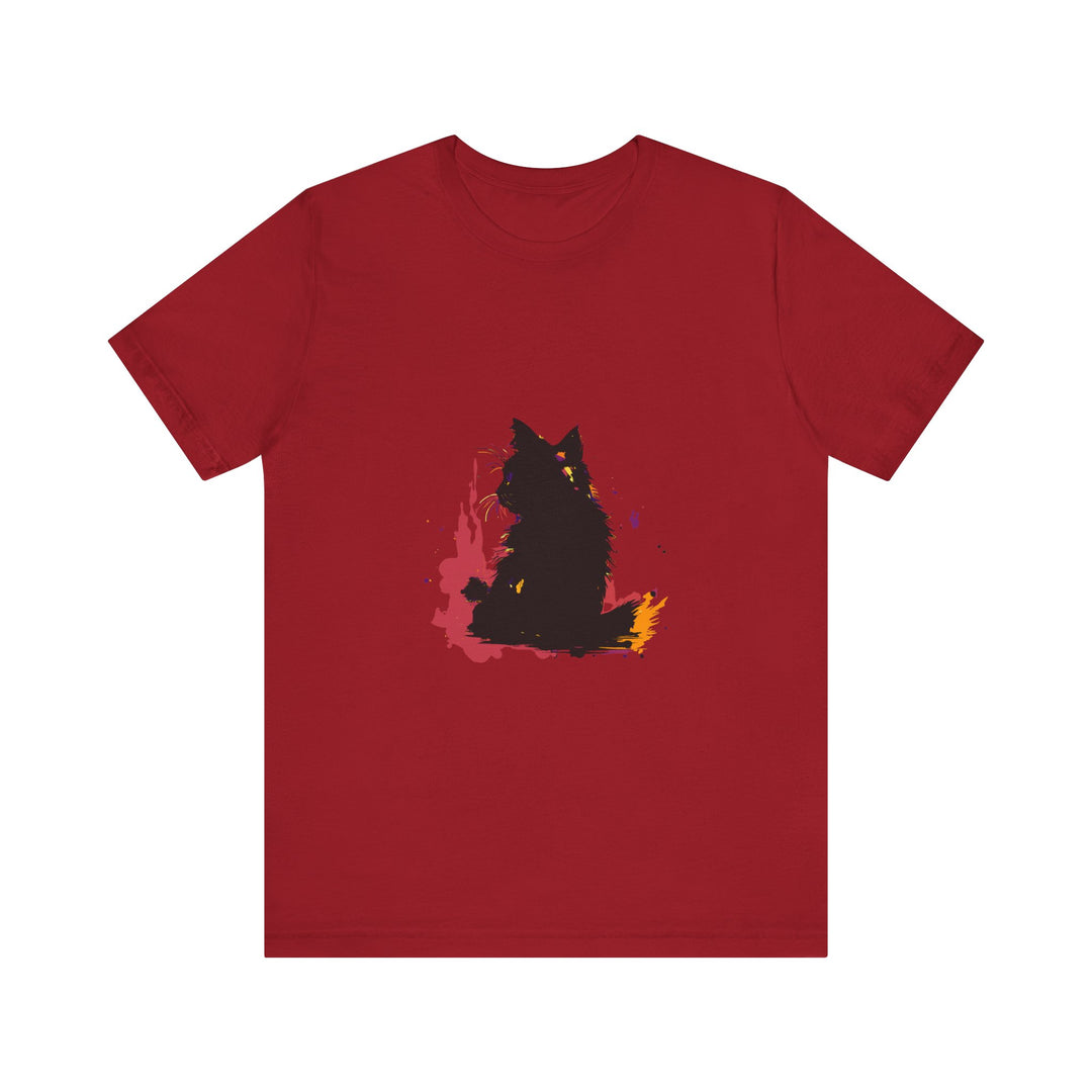 Black Cat Mystery T-Shirt featuring colorful splatter art design on black fabric