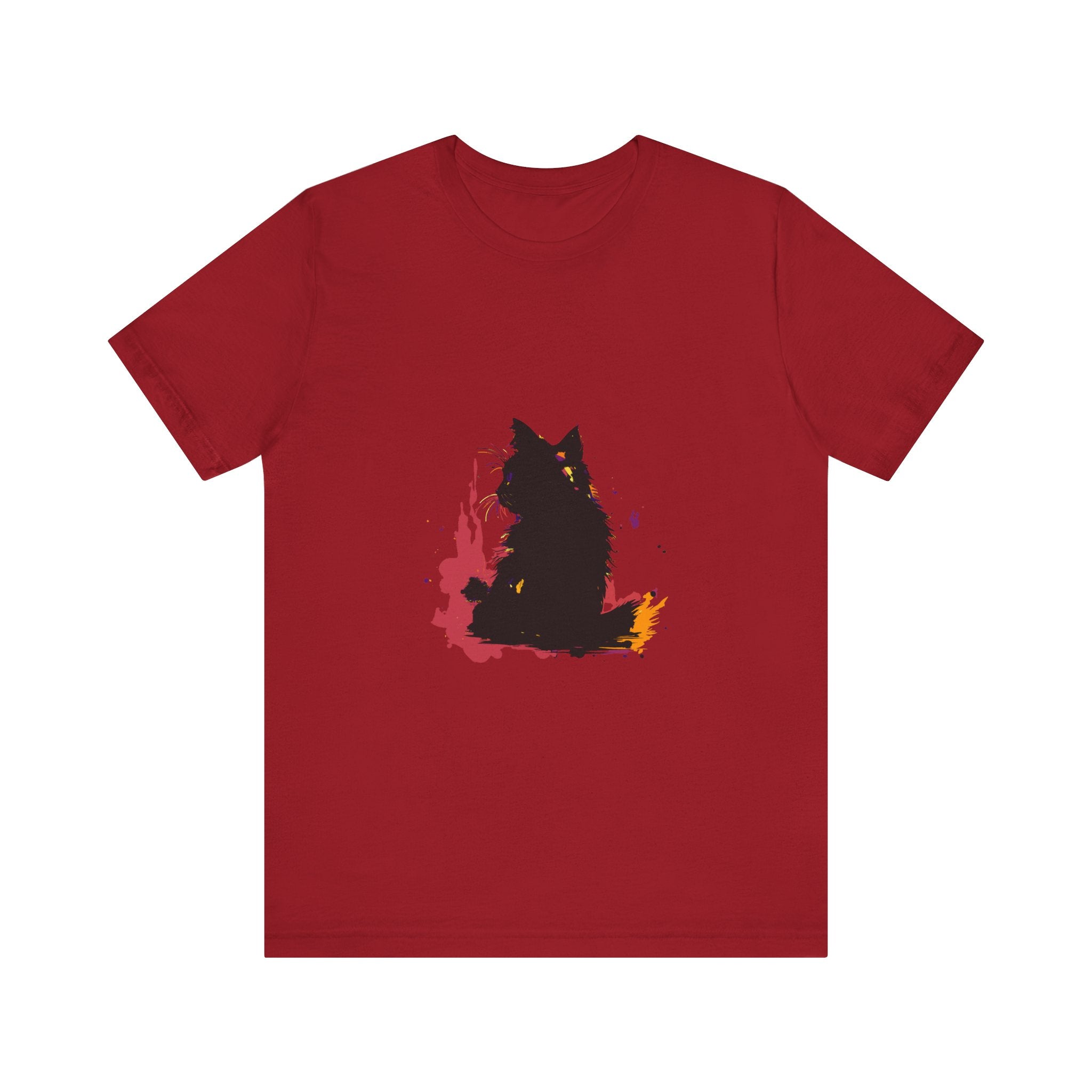 Black Cat Mystery T-Shirt featuring colorful splatter art design on black fabric
