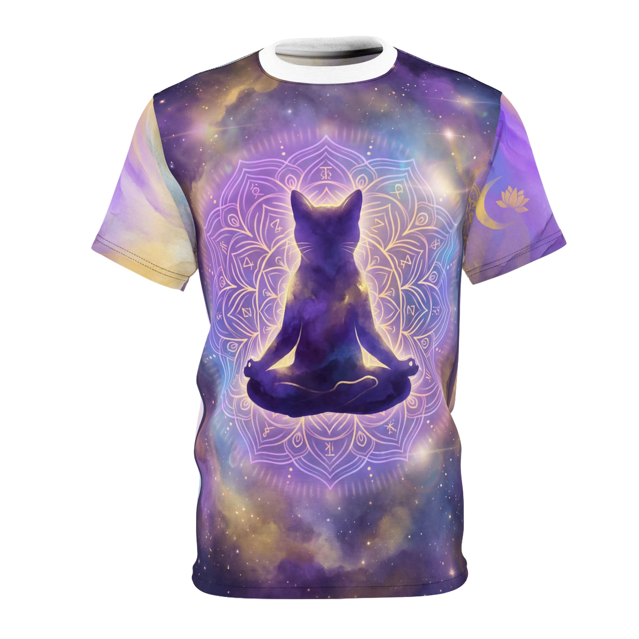 Meditative Cat All-Over Print Tee - 'Cosmic Cat' Mandala Night-Sky Design