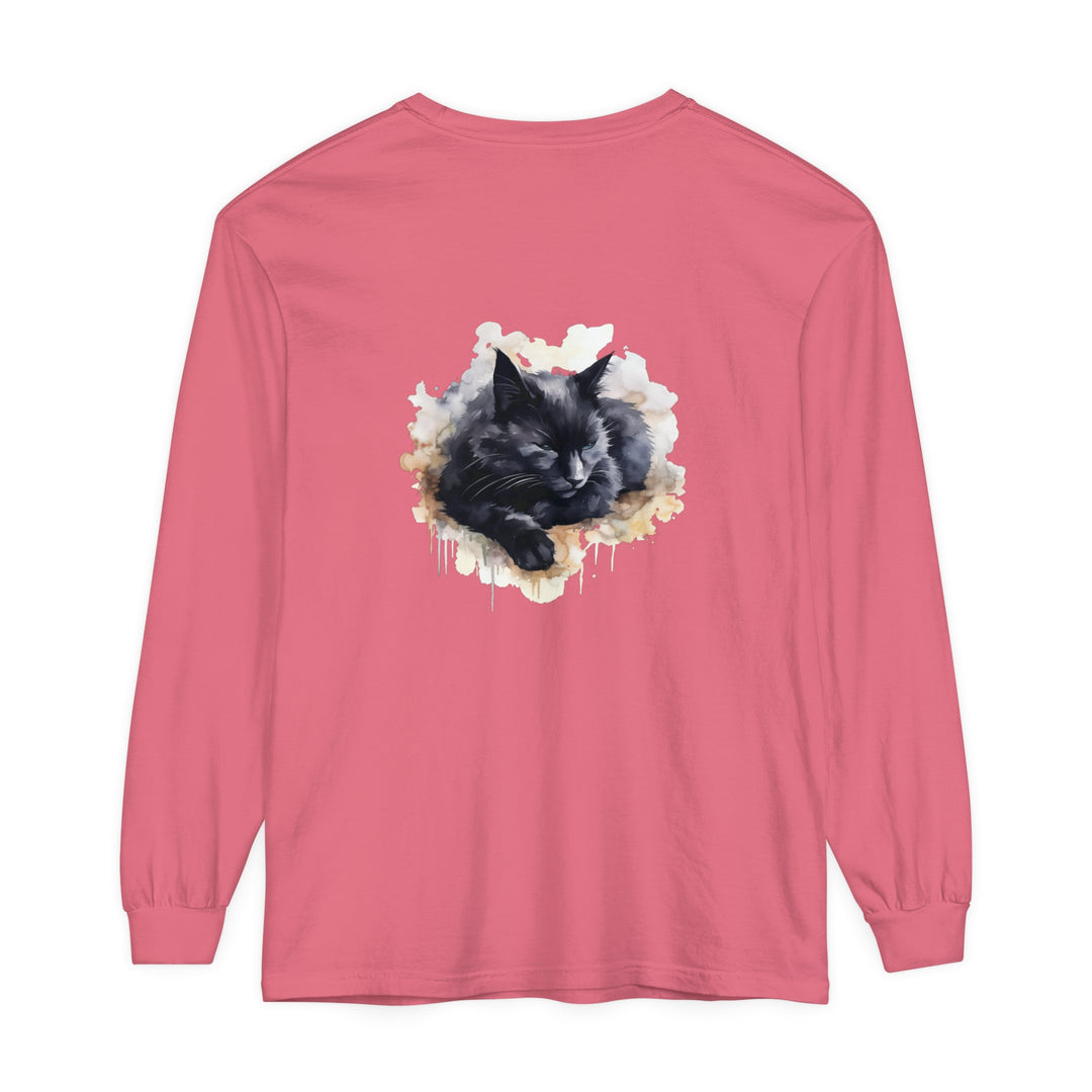 A beautiful watercolor illustration of a sleeping black cat on a comfortable t-shirt