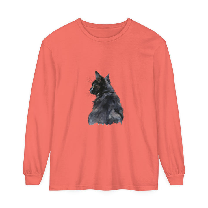 Long sleeve black t-shirt with watercolor-style graphic of a cat