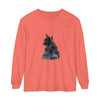 Long sleeve black t-shirt with watercolor-style graphic of a cat