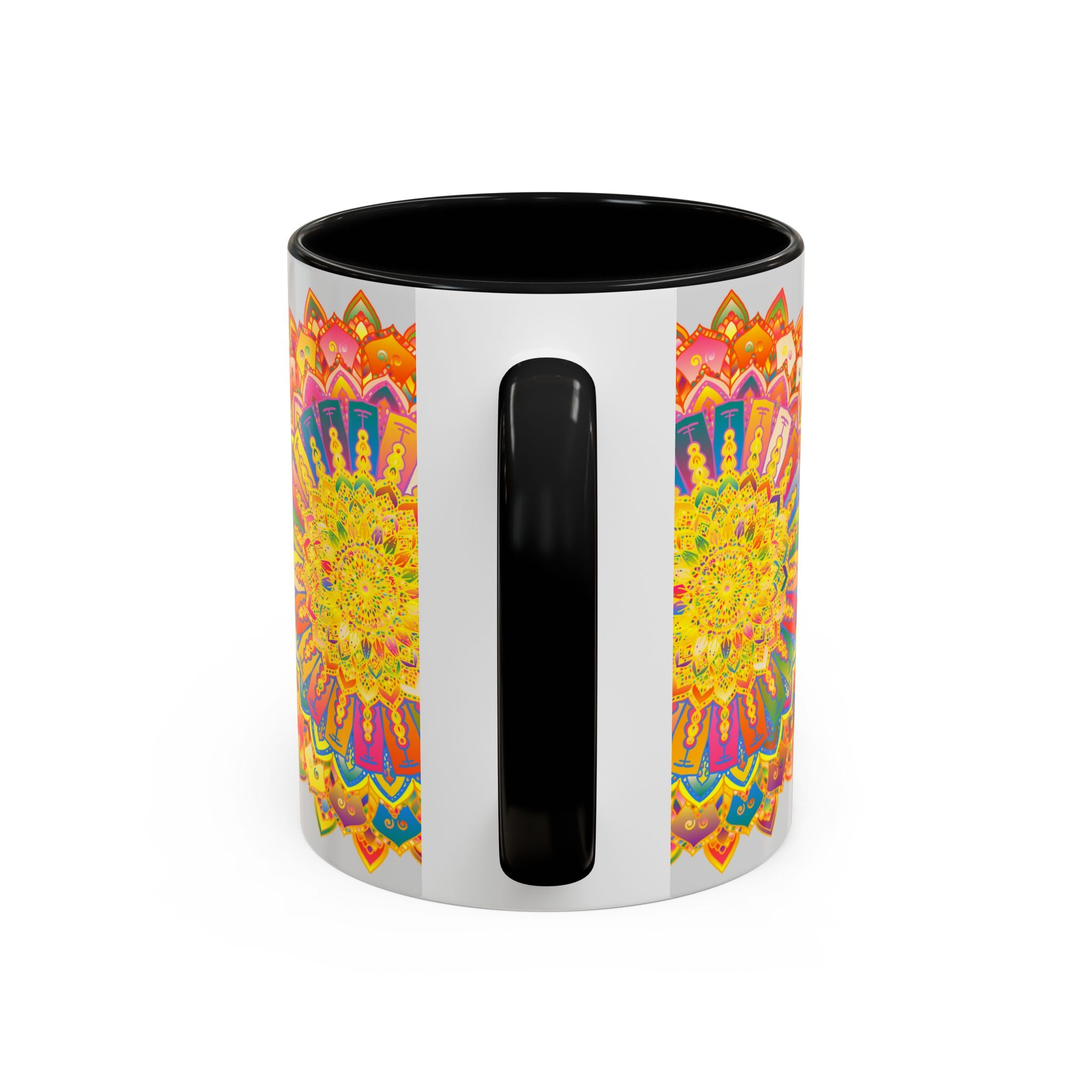 Colorful mandala pattern on a grey ceramic mug