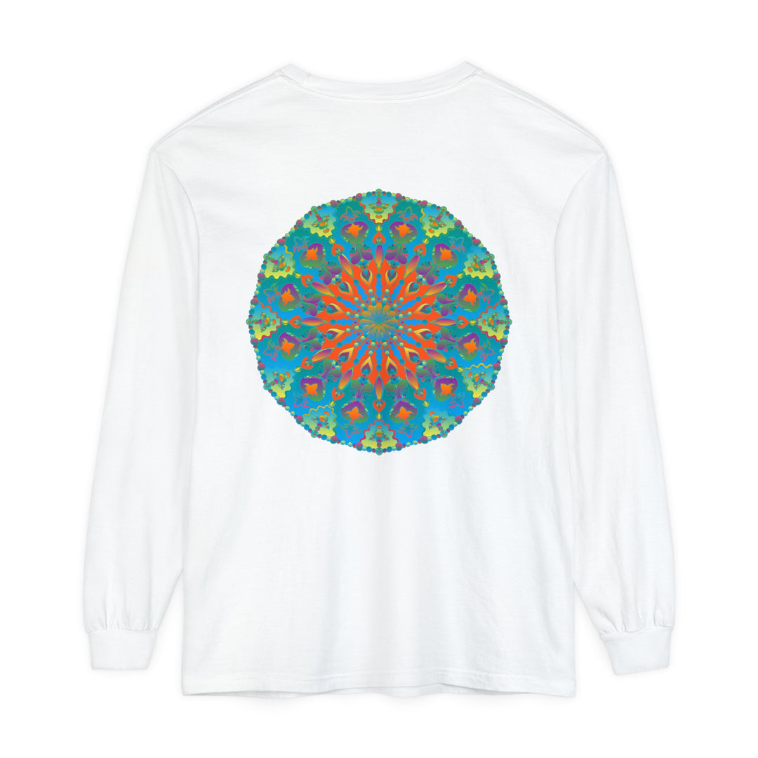 Colorful and intricate rainbow mandala design featured on a long sleeve t-shirt