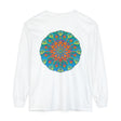 Colorful and intricate rainbow mandala design featured on a long sleeve t-shirt