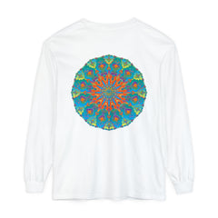 Colorful and intricate rainbow mandala design featured on a long sleeve t-shirt