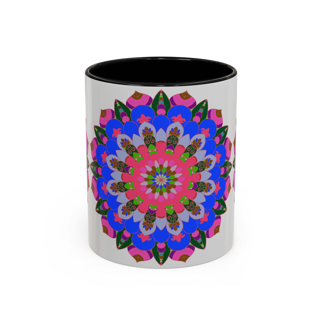 Close up of mandala mug showing detailed and vibrant design