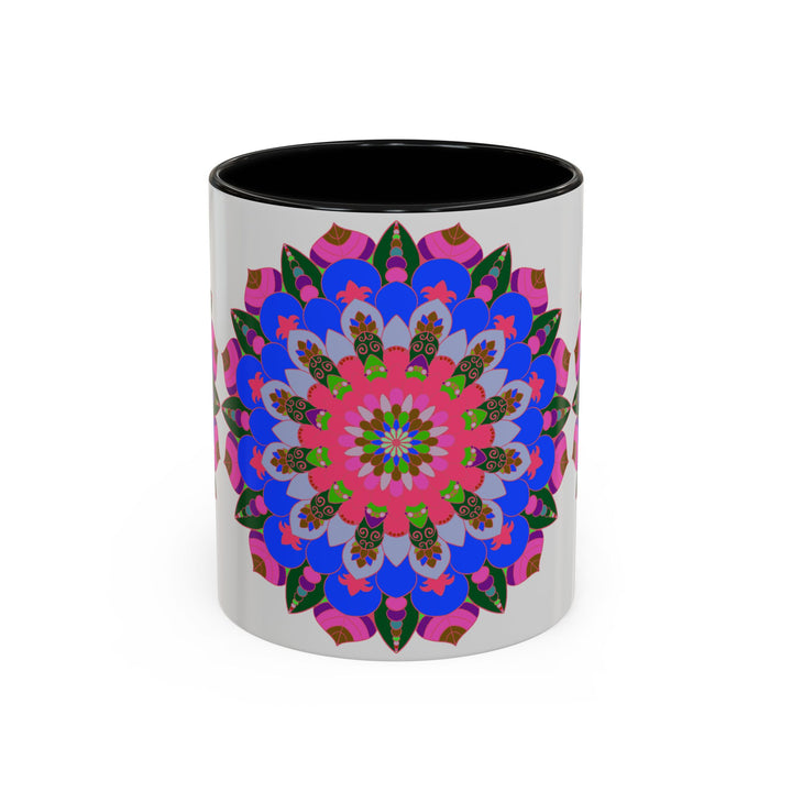 Close up of mandala mug showing detailed and vibrant design