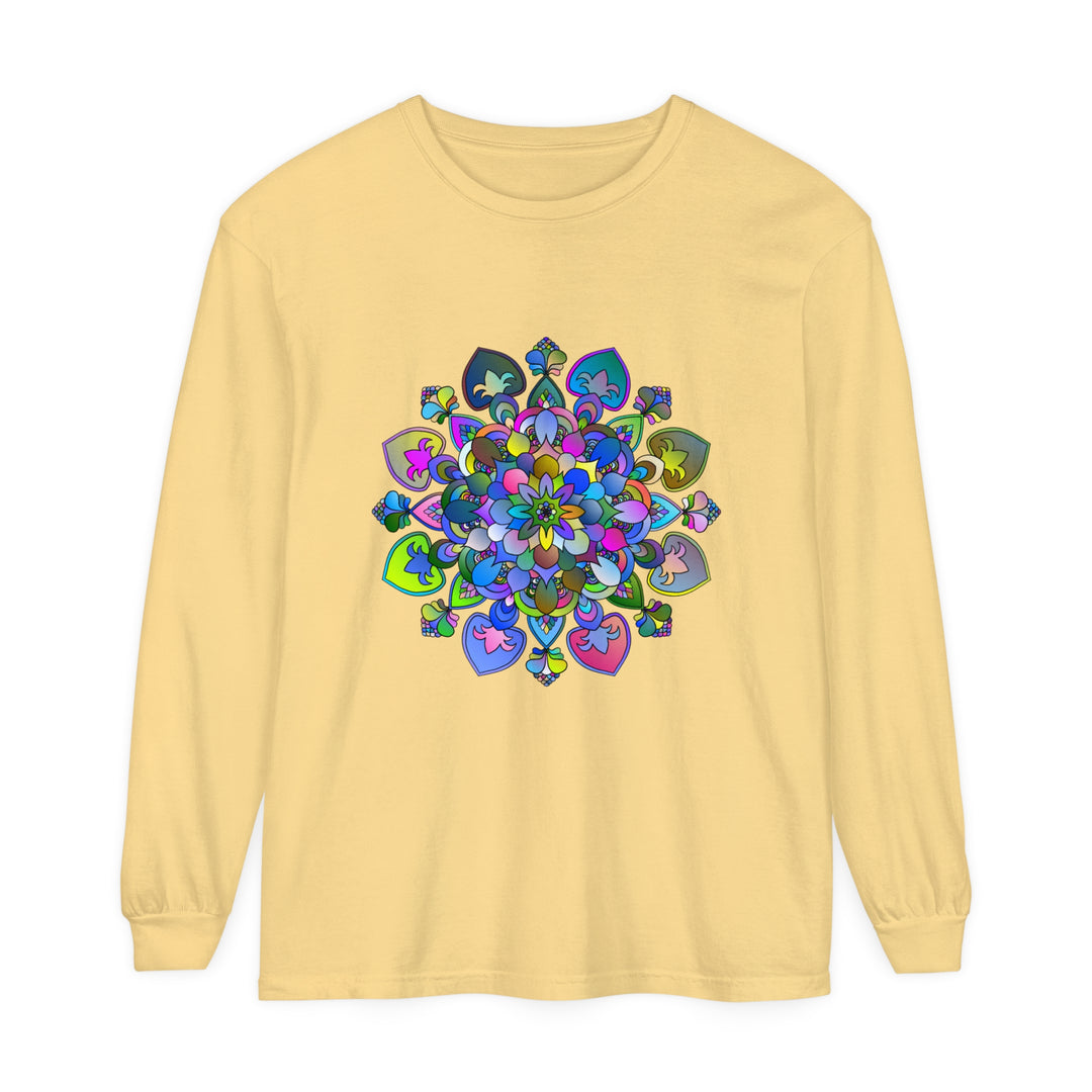 Colorful and intricate mandala design on a vibrant long sleeve t-shirt