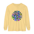Colorful and intricate mandala design on a vibrant long sleeve t-shirt