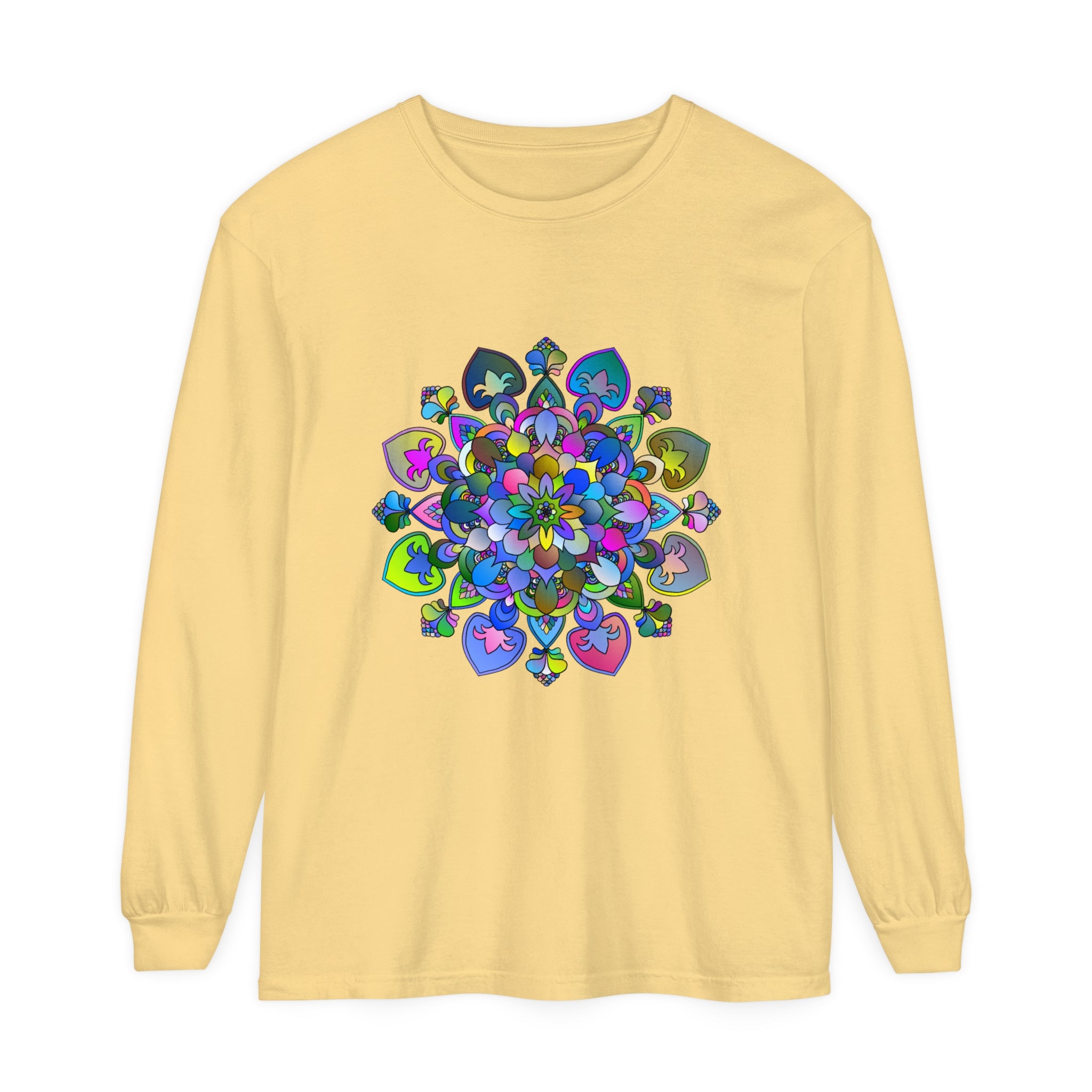 Colorful and intricate mandala design on a vibrant long sleeve t-shirt