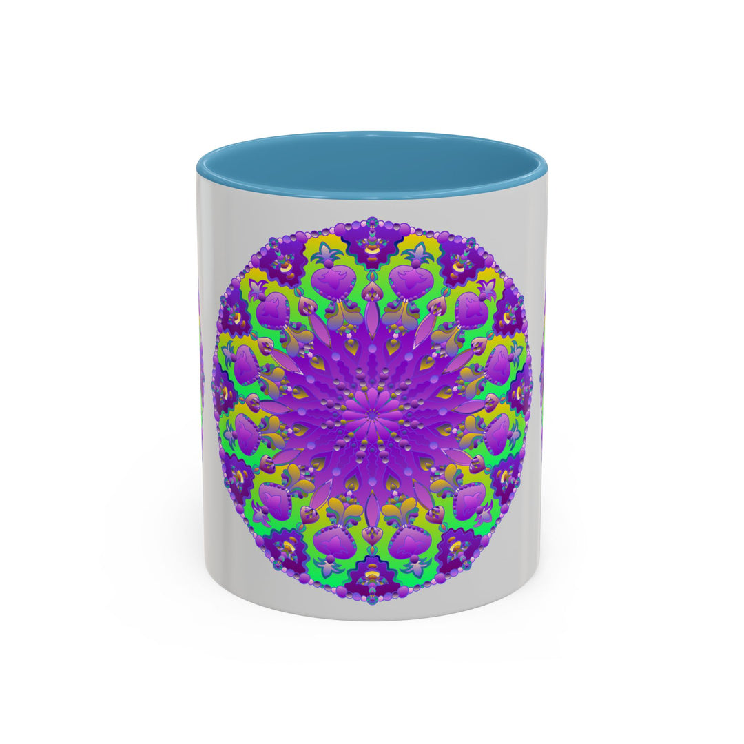 A beautiful purple mandala mug with vibrant art on a grey background