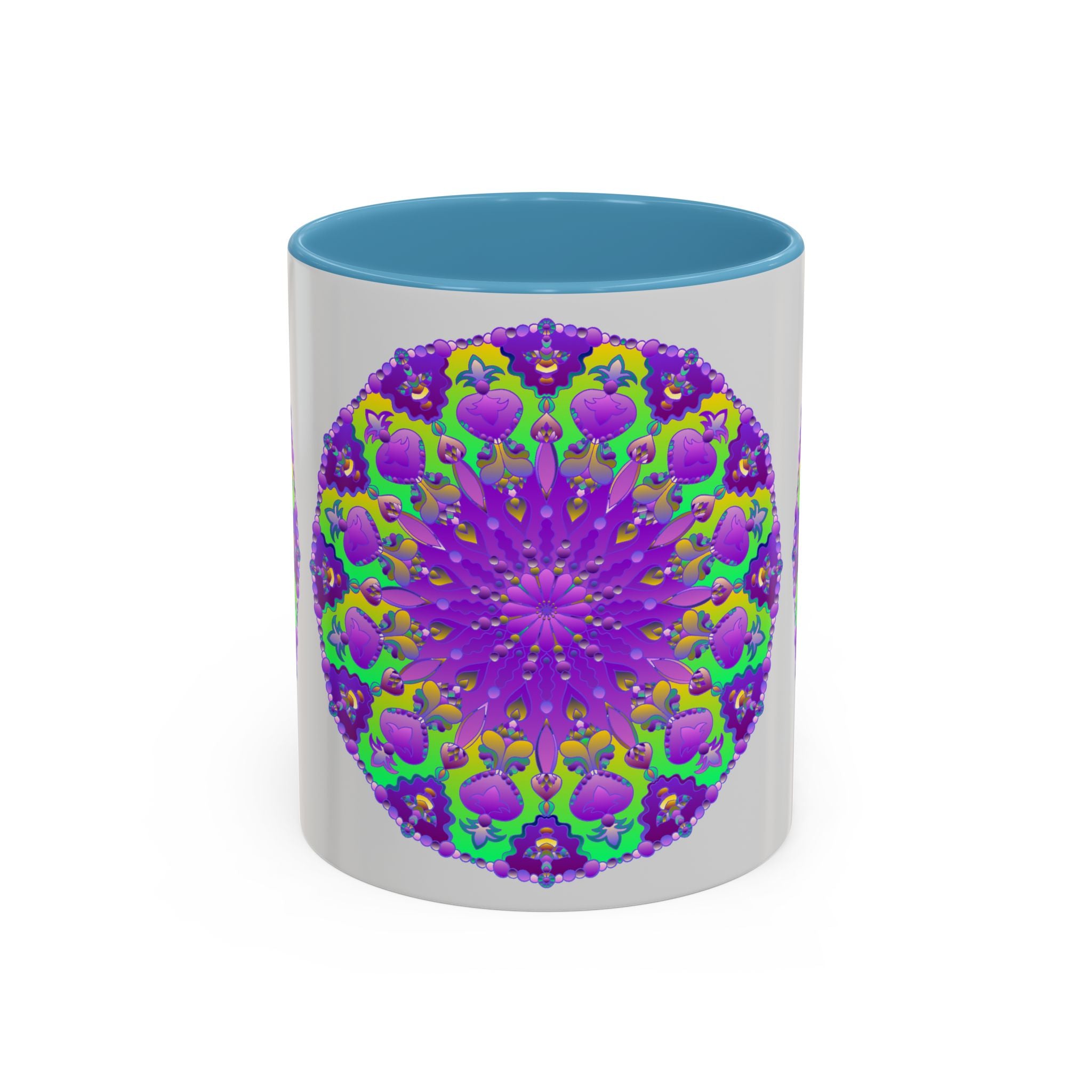 A beautiful purple mandala mug with vibrant art on a grey background