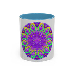 A beautiful purple mandala mug with vibrant art on a grey background