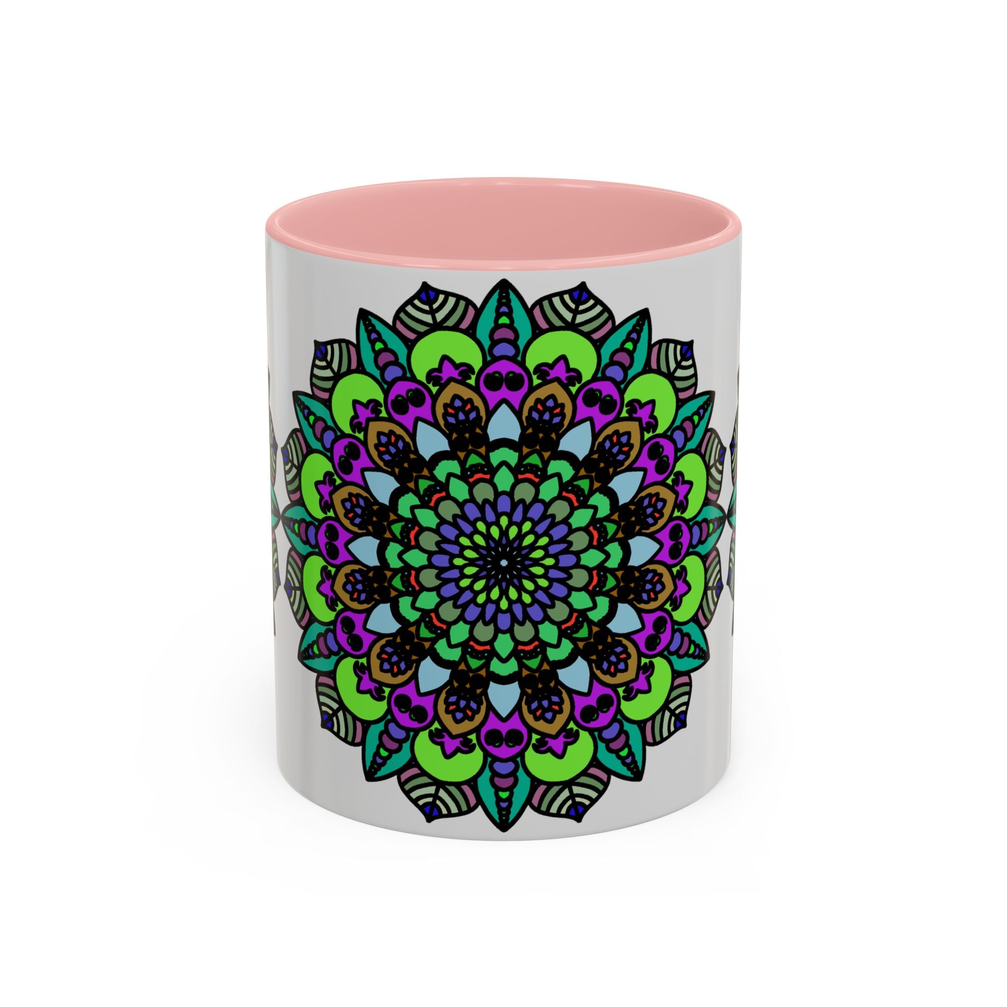 Vibrant mandala design on ceramic mug with intricate details