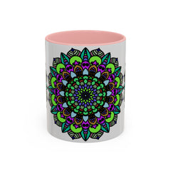 Vibrant mandala design on ceramic mug with intricate details