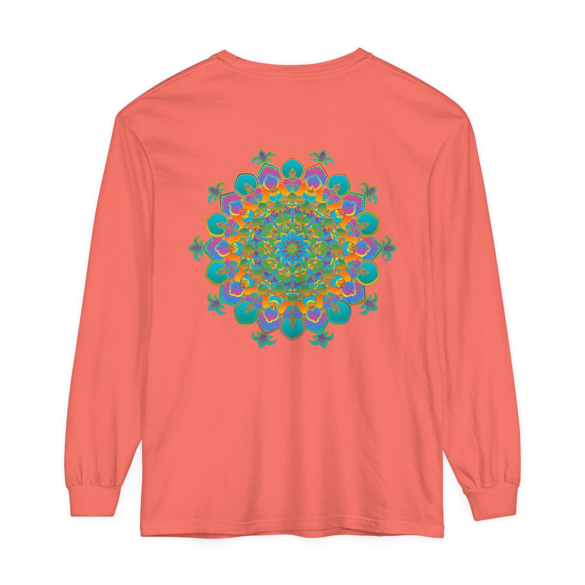 Colorful and intricate mandala design, printed on a long sleeve, unisex t-shirt