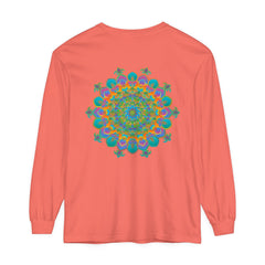 Colorful and intricate mandala design, printed on a long sleeve, unisex t-shirt