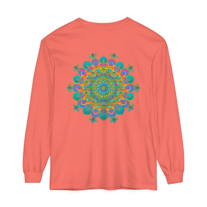 Colorful and intricate mandala design, printed on a long sleeve, unisex t-shirt